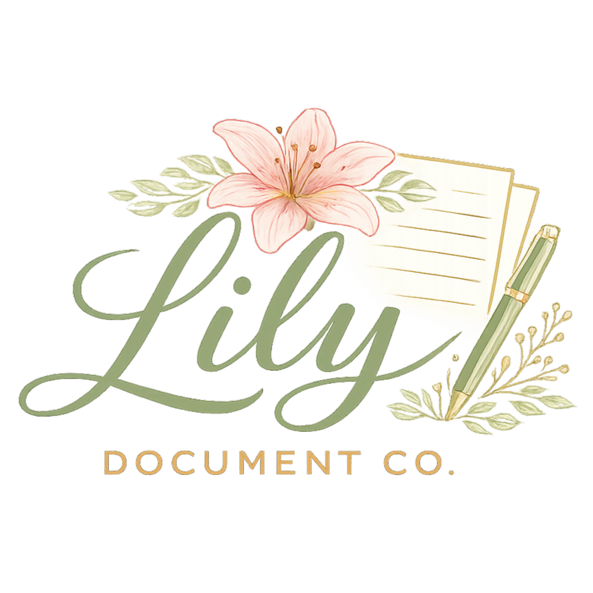 Lily Document Co. logo — a soft pink lily with open notebook and gold pen